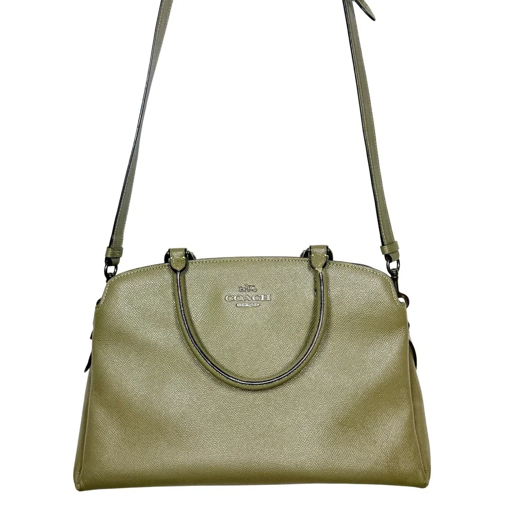 COACH Mini Lillie Carryall Crossgrain Leather Satchel Crossbody Dark Olive Green